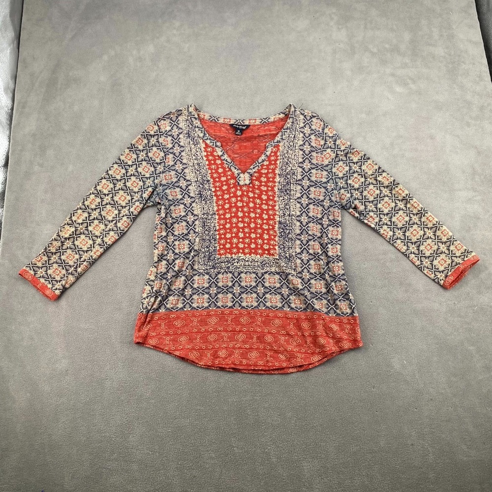 Lucky‎ Brand Blouse Top Womens Medium Multi Medallion Split Neck Shirttail Hem